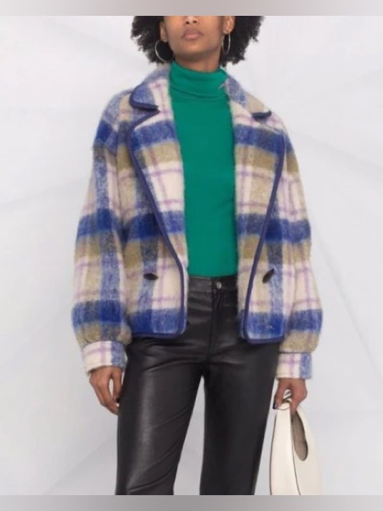 forte_forte Jackets & Blazers - forte_forte Plaid Wool-Blend Pea Coat in Blue, Olive & Cream